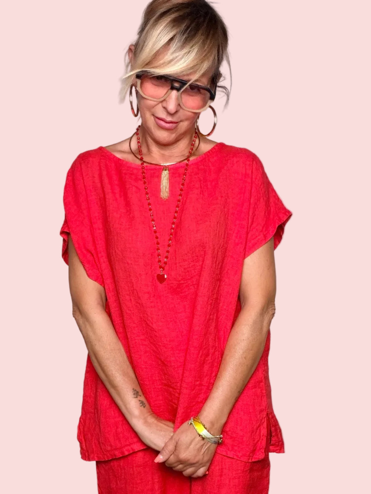Camicia a cubetto in lino Rosso