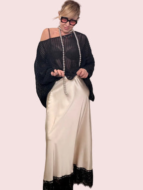 Gonna lunga in tessuto fluido con dettagli in pizzo