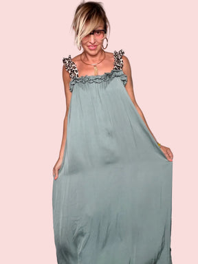 Abito Maxi a Trapezio con Spalline Animalier e Volant