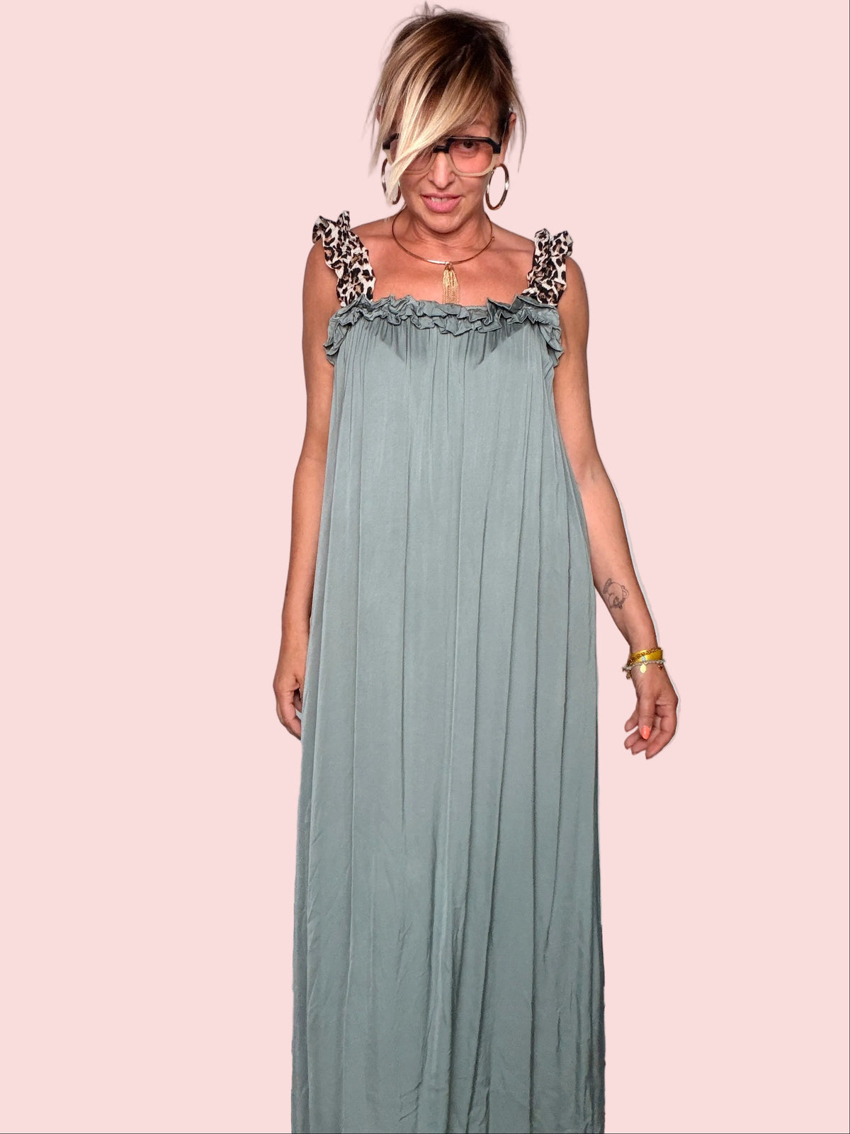 Abito Maxi a Trapezio con Spalline Animalier e Volant