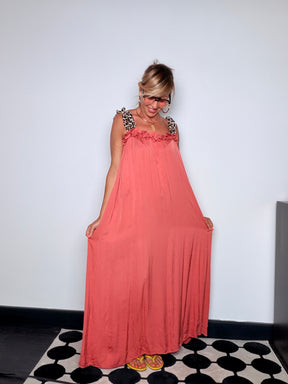 Abito Maxi a Trapezio con Spalline Animalier e Volant