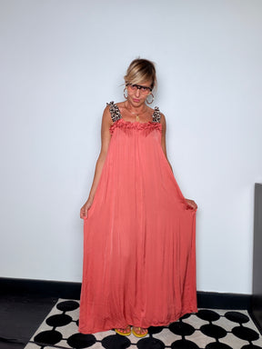 Abito Maxi a Trapezio con Spalline Animalier e Volant
