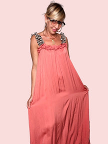 Abito Maxi a Trapezio con Spalline Animalier e Volant