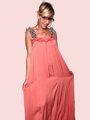 Abito Maxi a Trapezio con Spalline Animalier e Volant