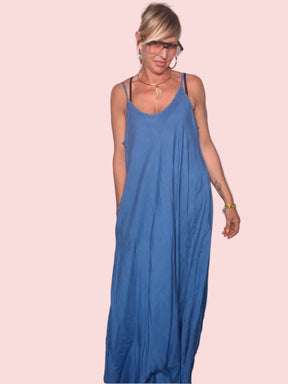 Abito Maxi in Chambray Blu — Spalline Spaghetto e Volant