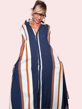 Abito Maxi a Righe con Cintura — Senza Maniche