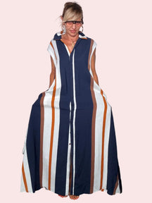 Abito Maxi a Righe con Cintura — Senza Maniche