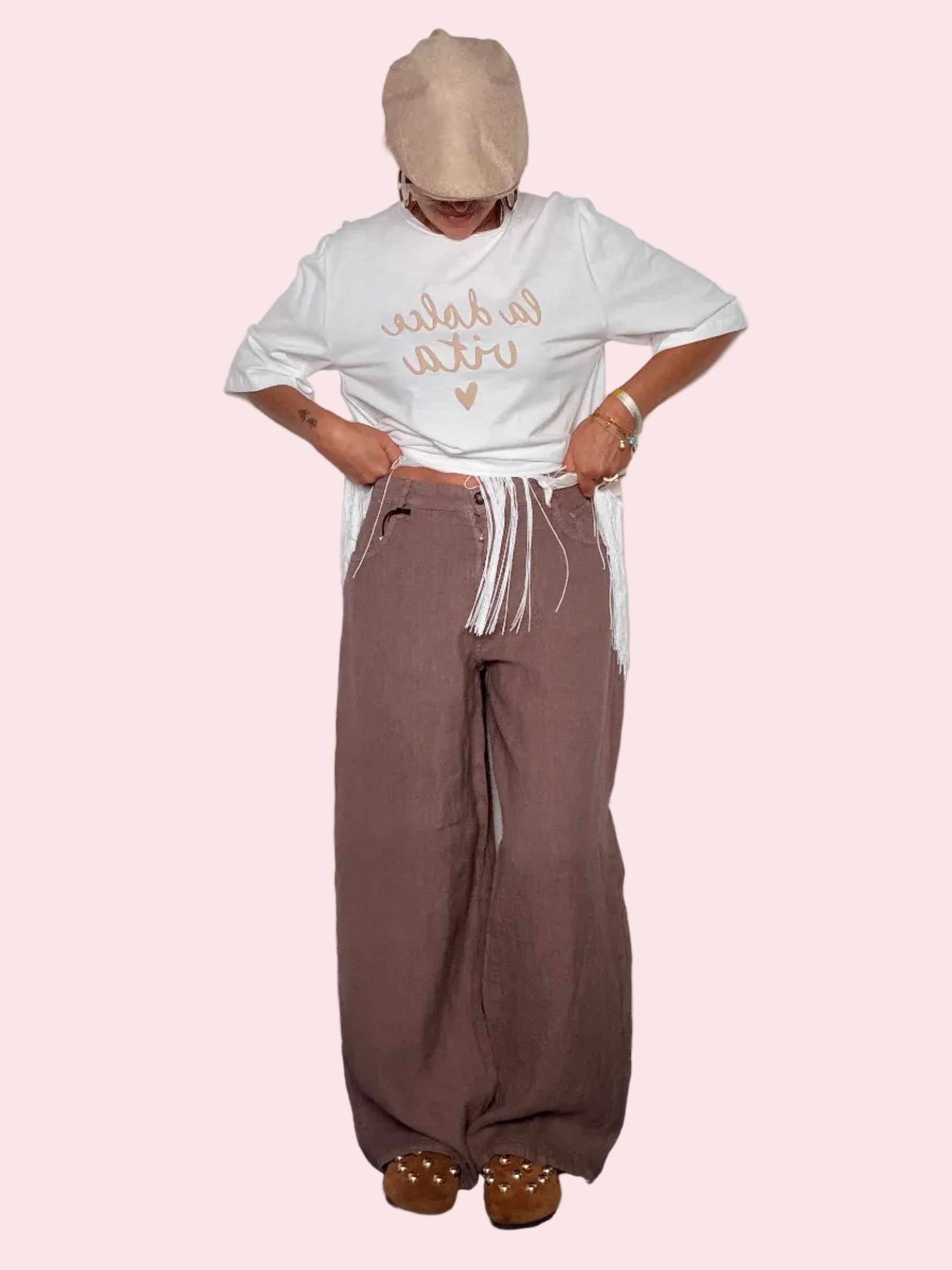 Pantalone Lino Palazzo — Mauve
