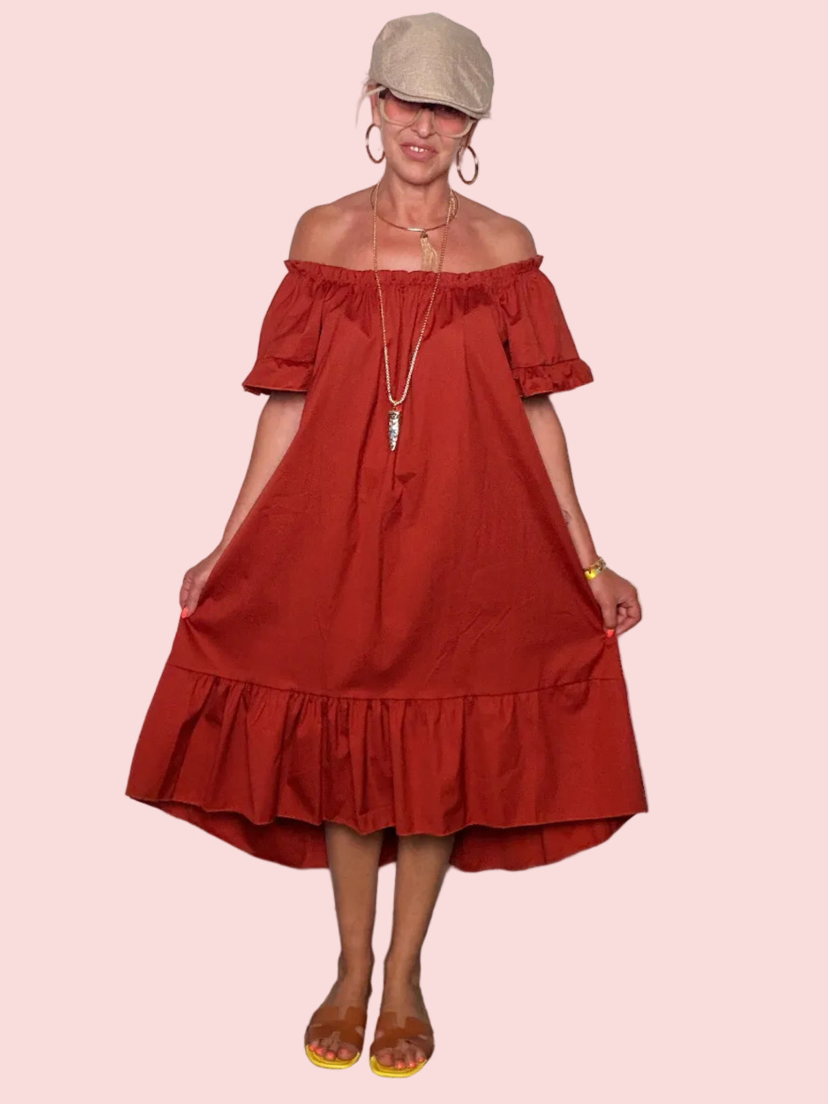 Abito Off-Shoulder in Cotone Popeline con Balza