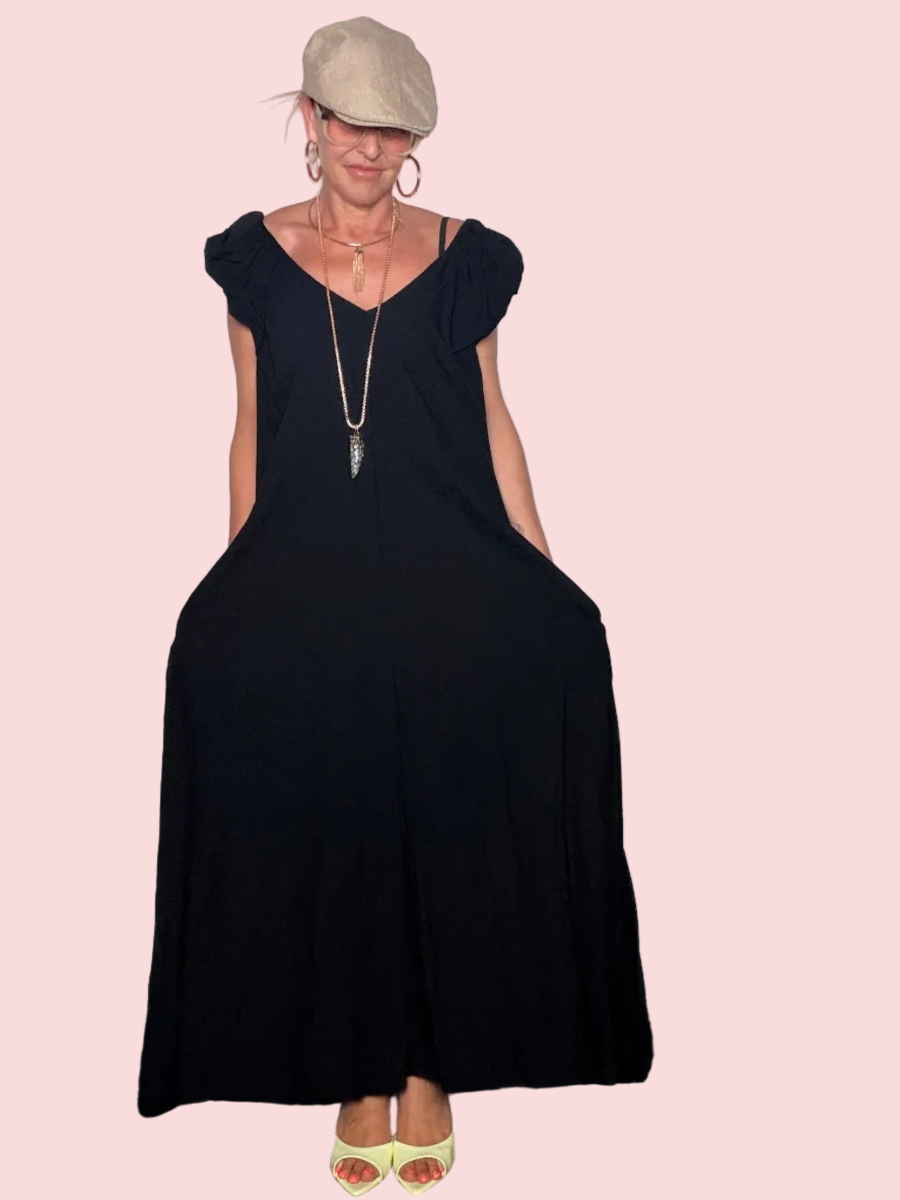 Abito Maxi Scollo V con Schiena Scoperta e Tasche