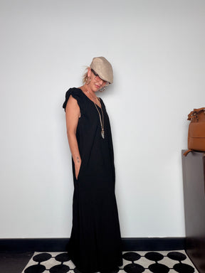 Abito Maxi Scollo V con Schiena Scoperta e Tasche