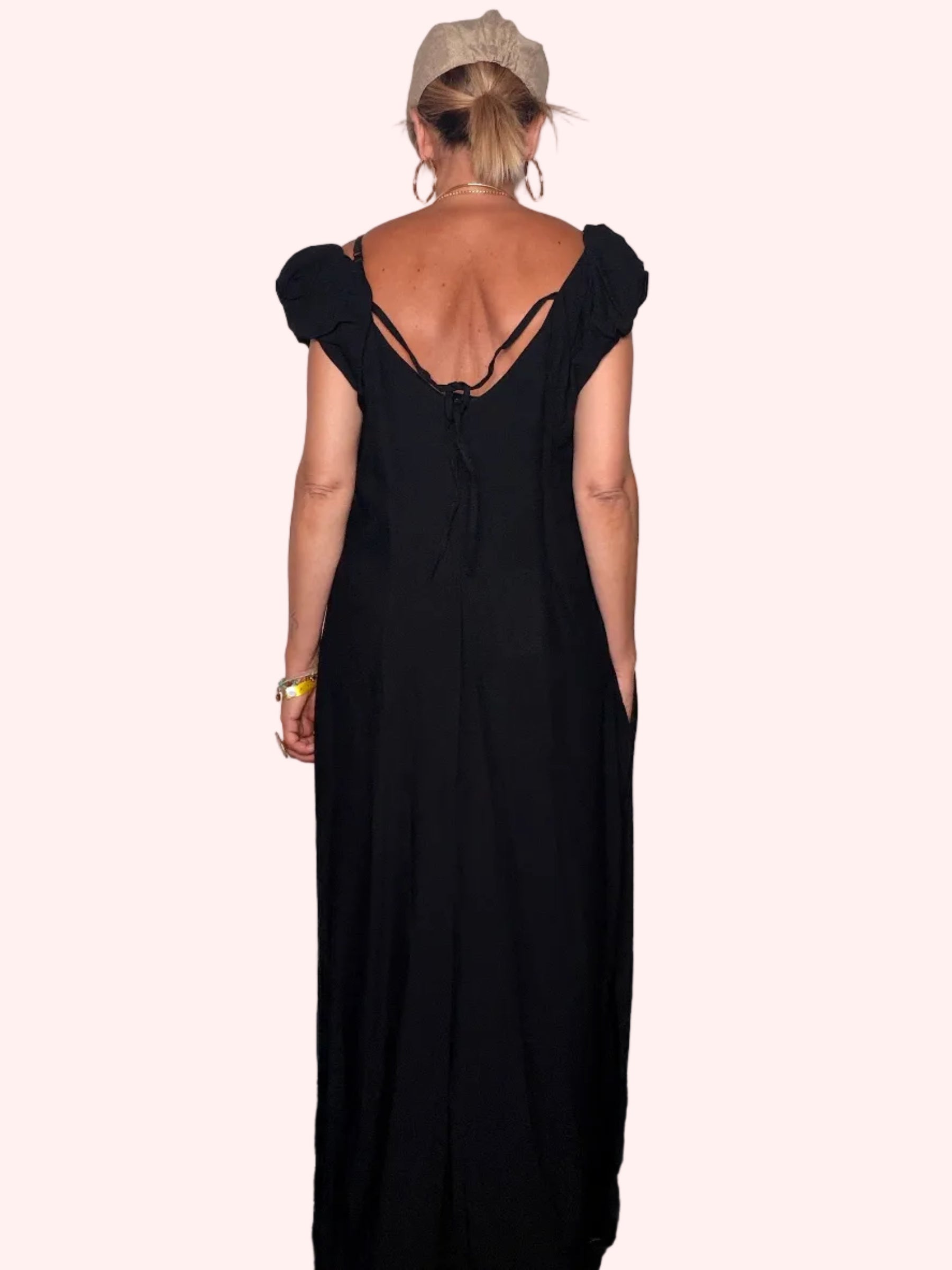 Abito Maxi Scollo V con Schiena Scoperta e Tasche