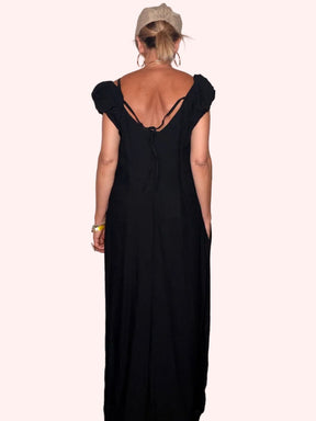 Abito Maxi Scollo V con Schiena Scoperta e Tasche