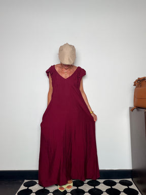 Abito Maxi Scollo V con Schiena Scoperta e Tasche