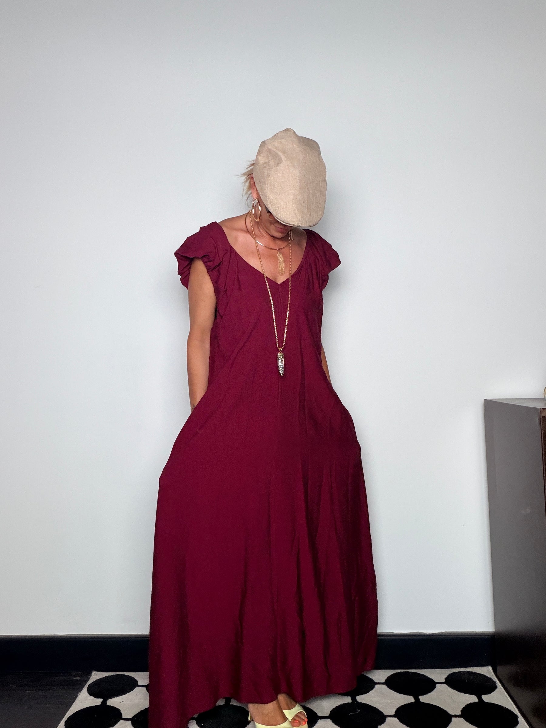 Abito Maxi Scollo V con Schiena Scoperta e Tasche