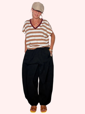 Pantalone Wide Leg in Cotone con Vita Elastica e Coulisse