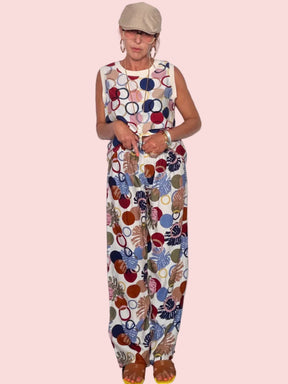 Pantalone Wide Leg Stampa Cerchi e Foglie Tropicali