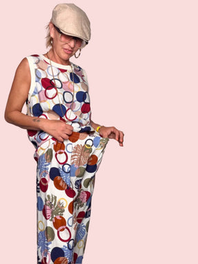 Pantalone Wide Leg Stampa Cerchi e Foglie Tropicali