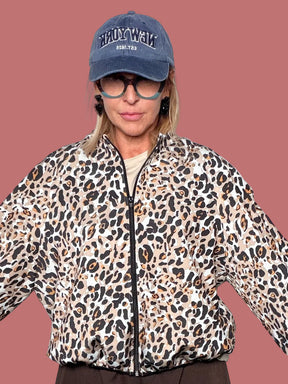 Bomber Deja Vu leopardato in neoprene con maniche a palloncino