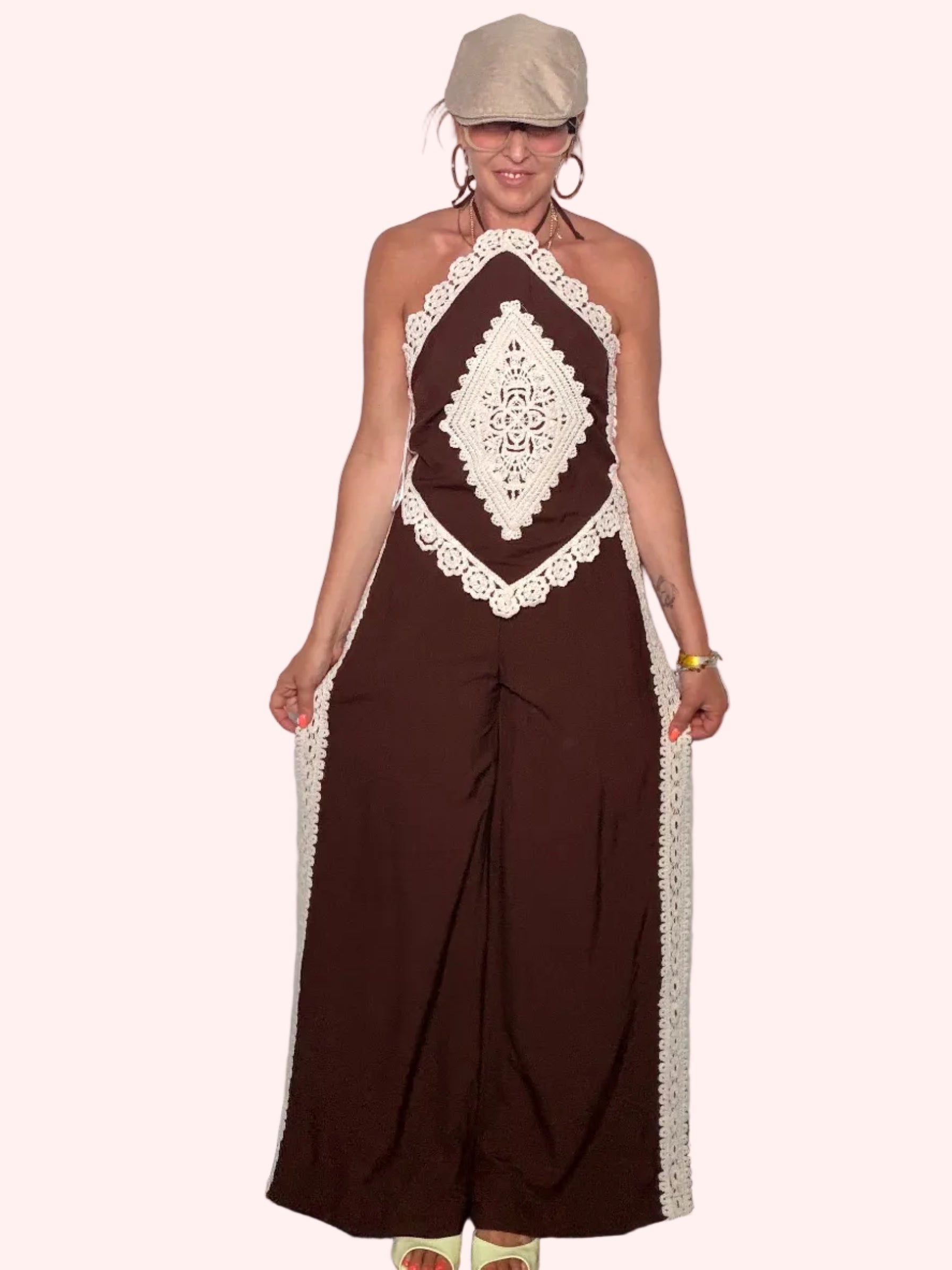 Pantalone Wide Leg  con Banda in Crochet