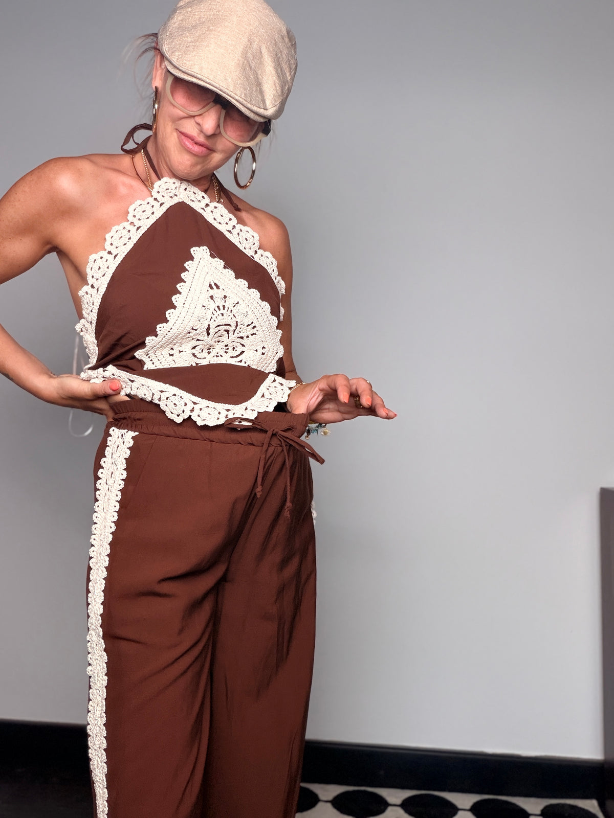 Pantalone Wide Leg  con Banda in Crochet