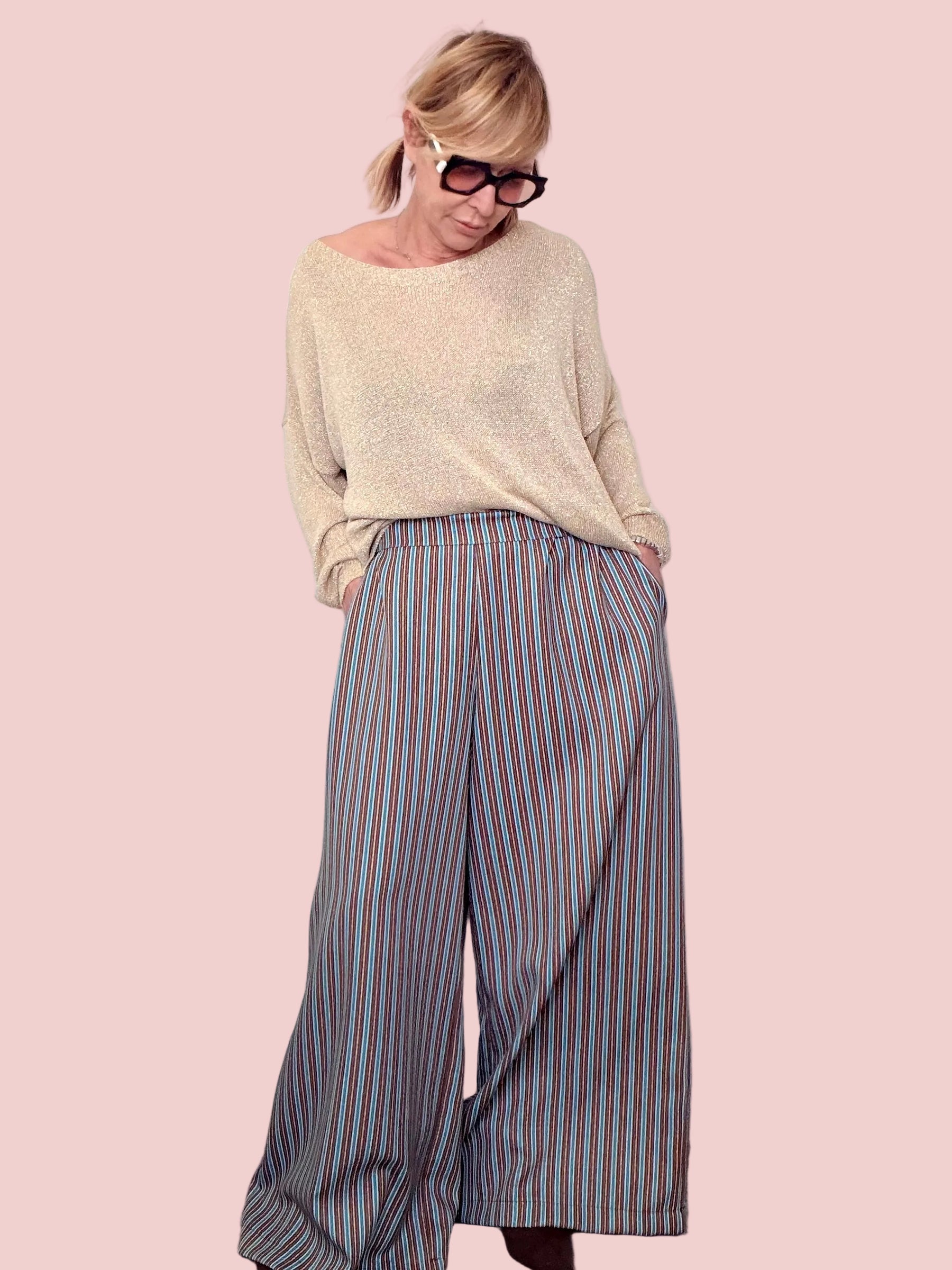 Pantaloni Over Righe Multicolor Verticali a Gamba Ampia