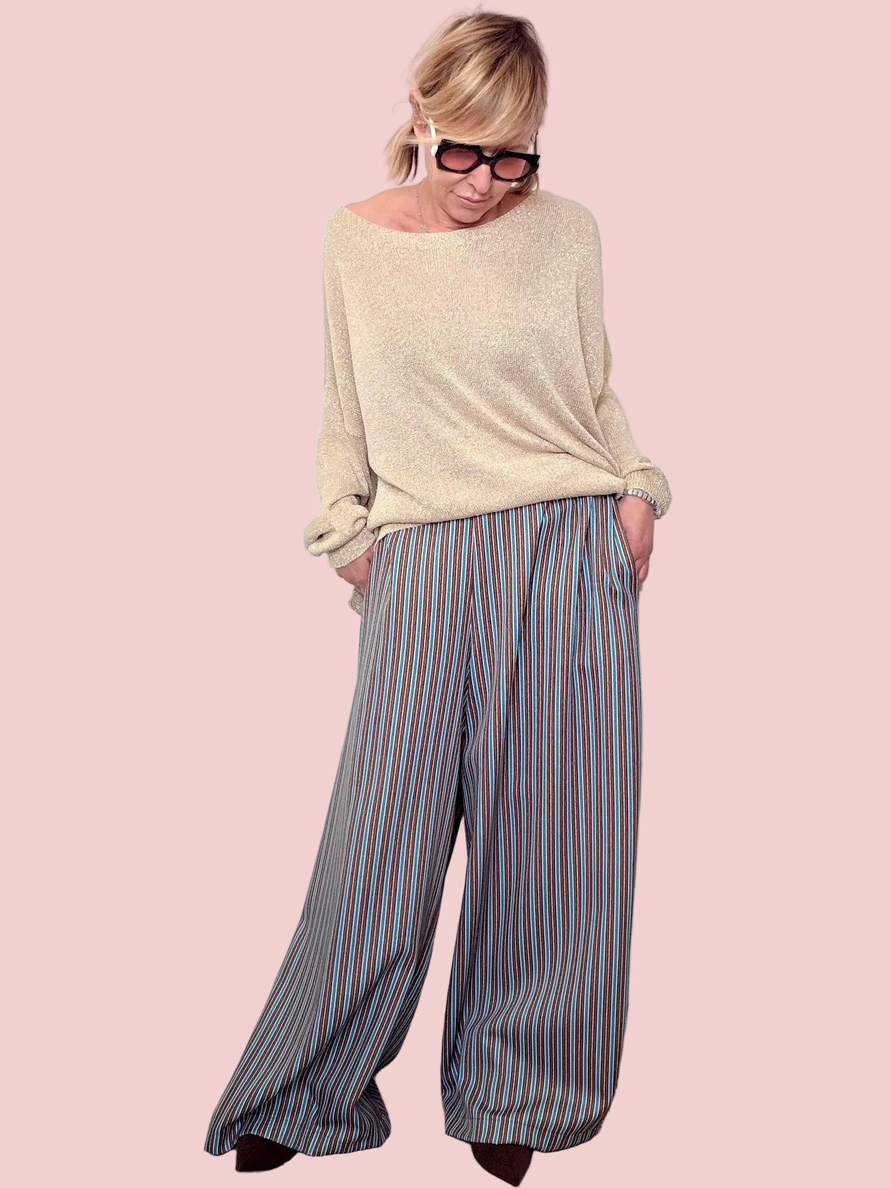 Pantaloni Over Righe Multicolor Verticali a Gamba Ampia