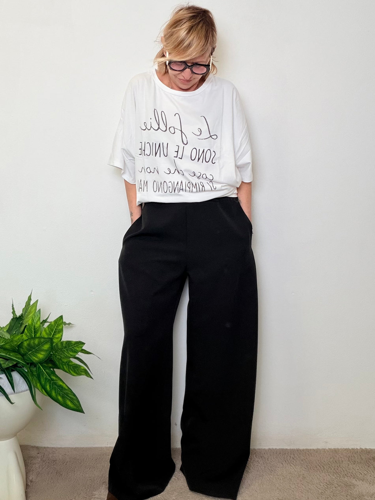 Pantaloni Neri a Gamba Ampia Palazzo