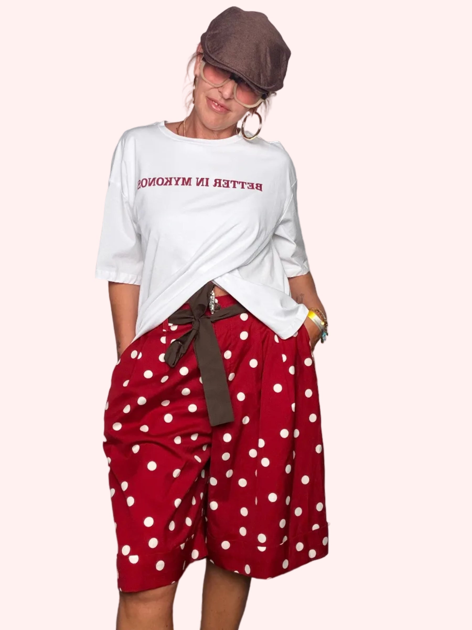 Bermuda Wide Leg a Pois Rosso Bordeaux con Cintura Fiocco