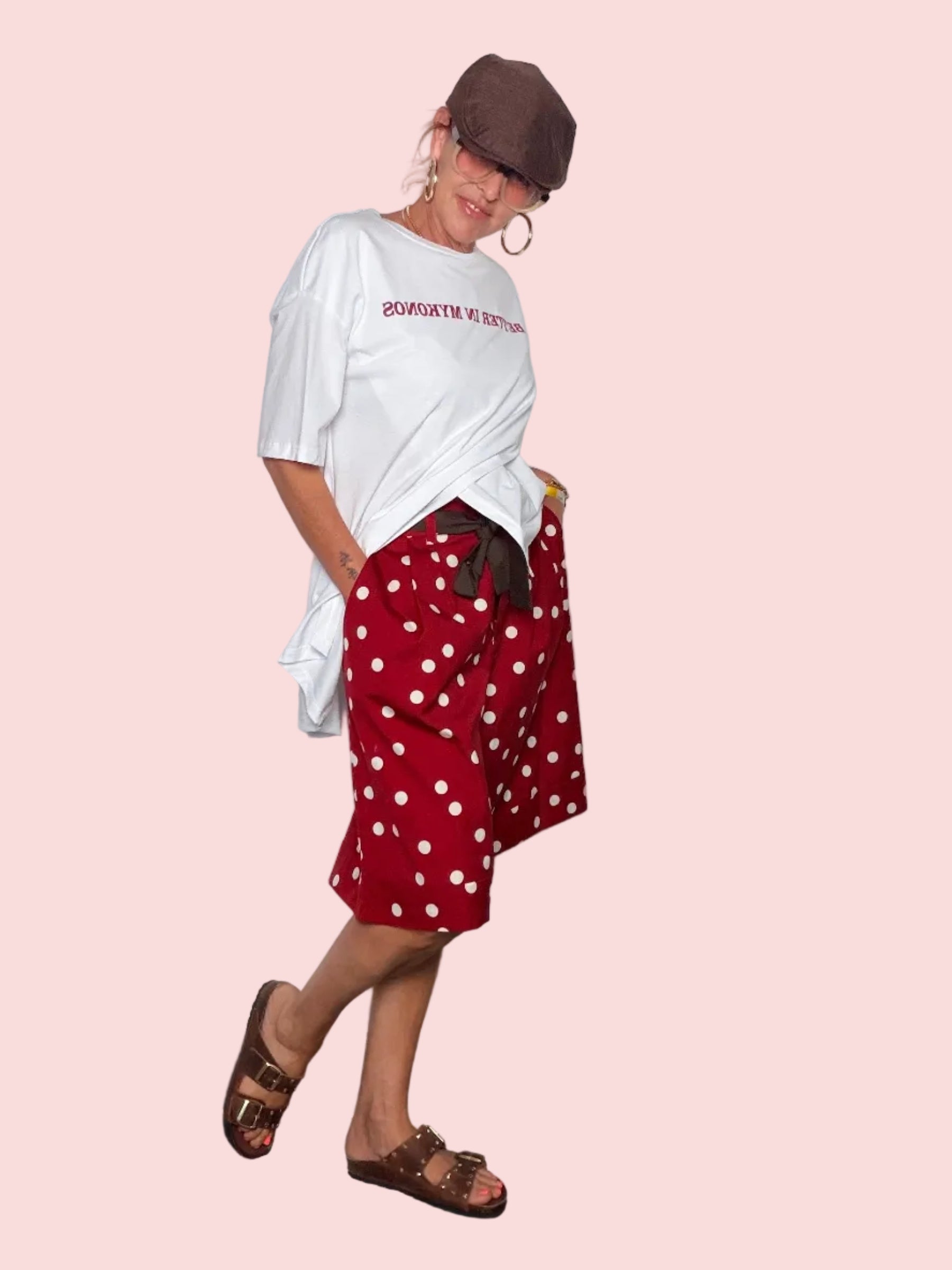 Bermuda Wide Leg a Pois Rosso Bordeaux con Cintura Fiocco