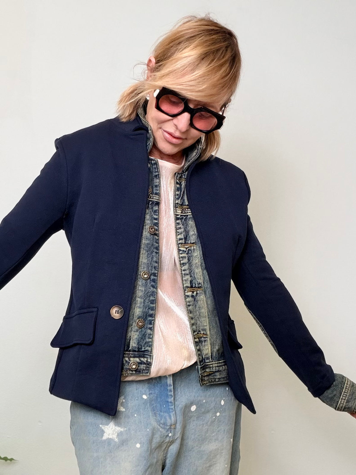 Giacca Blazer Bianca con Inserti Denim e Gilet Interno