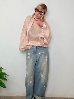 Jeans Azzurri Stelle e Schizzi Vernice Bianca a Gamba Ampia