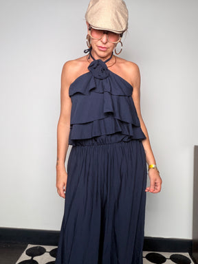 Tuta Jumpsuit Halter con Triplo Volant e Schiena Scoperta