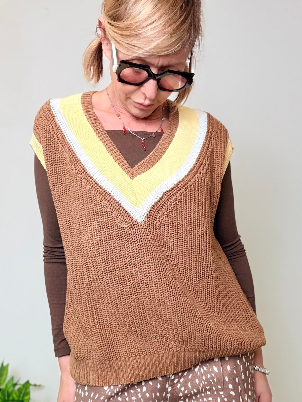 Gilet Senza Maniche Scollo a V Righe -