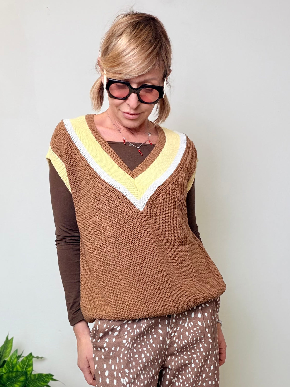 Gilet Senza Maniche Scollo a V Righe -