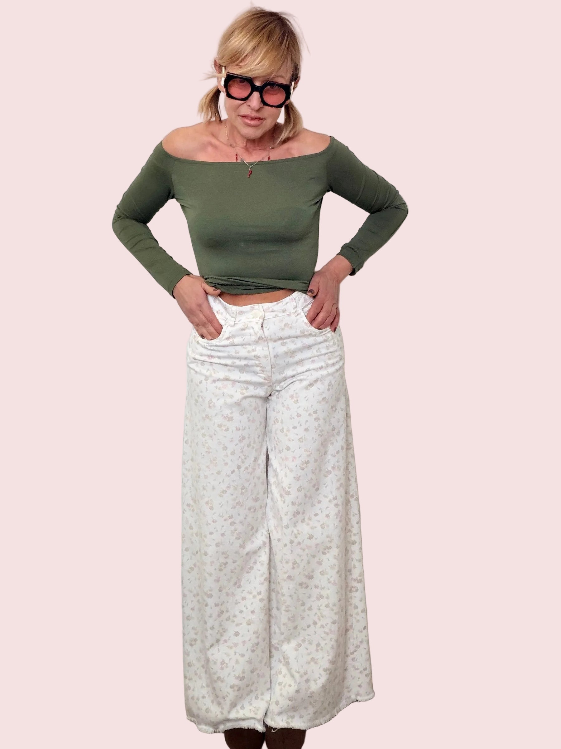 Jeans bianchi Fiori Rosa Beige a Gamba Ampia Palazzo