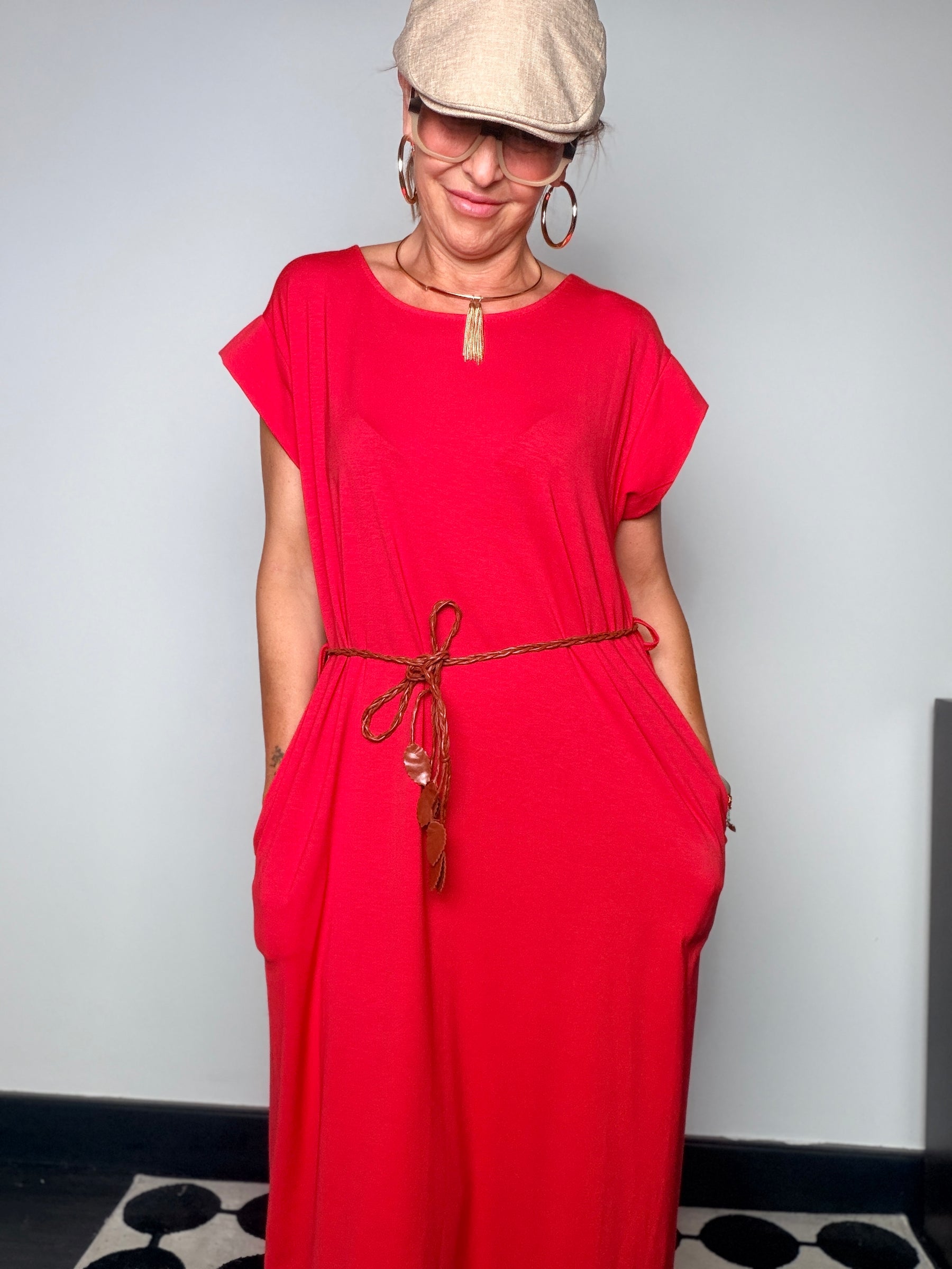 Abito Maxi in Felpa Leggera con Tasche e Cintura Cordino