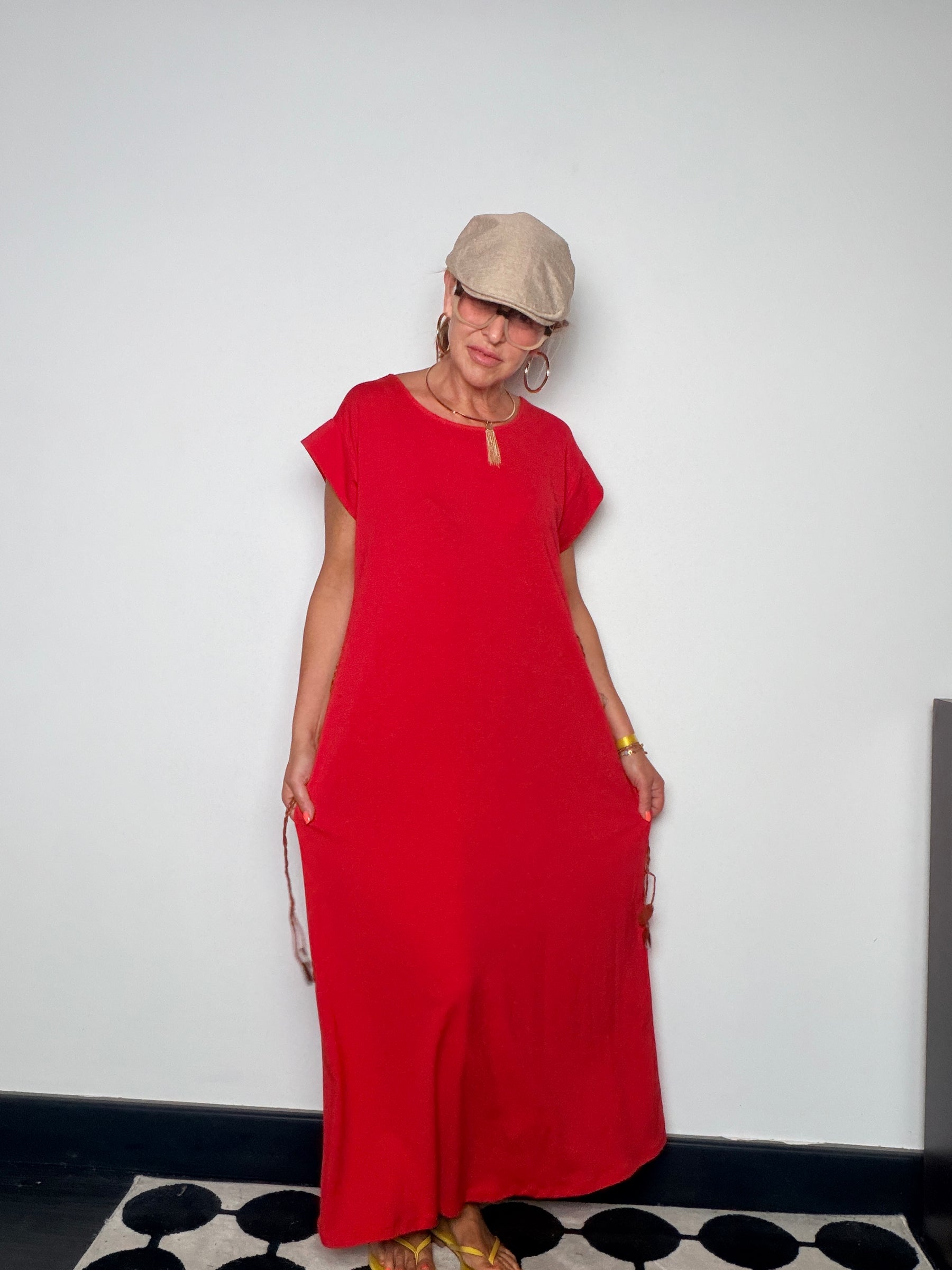 Abito Maxi in Felpa Leggera con Tasche e Cintura Cordino