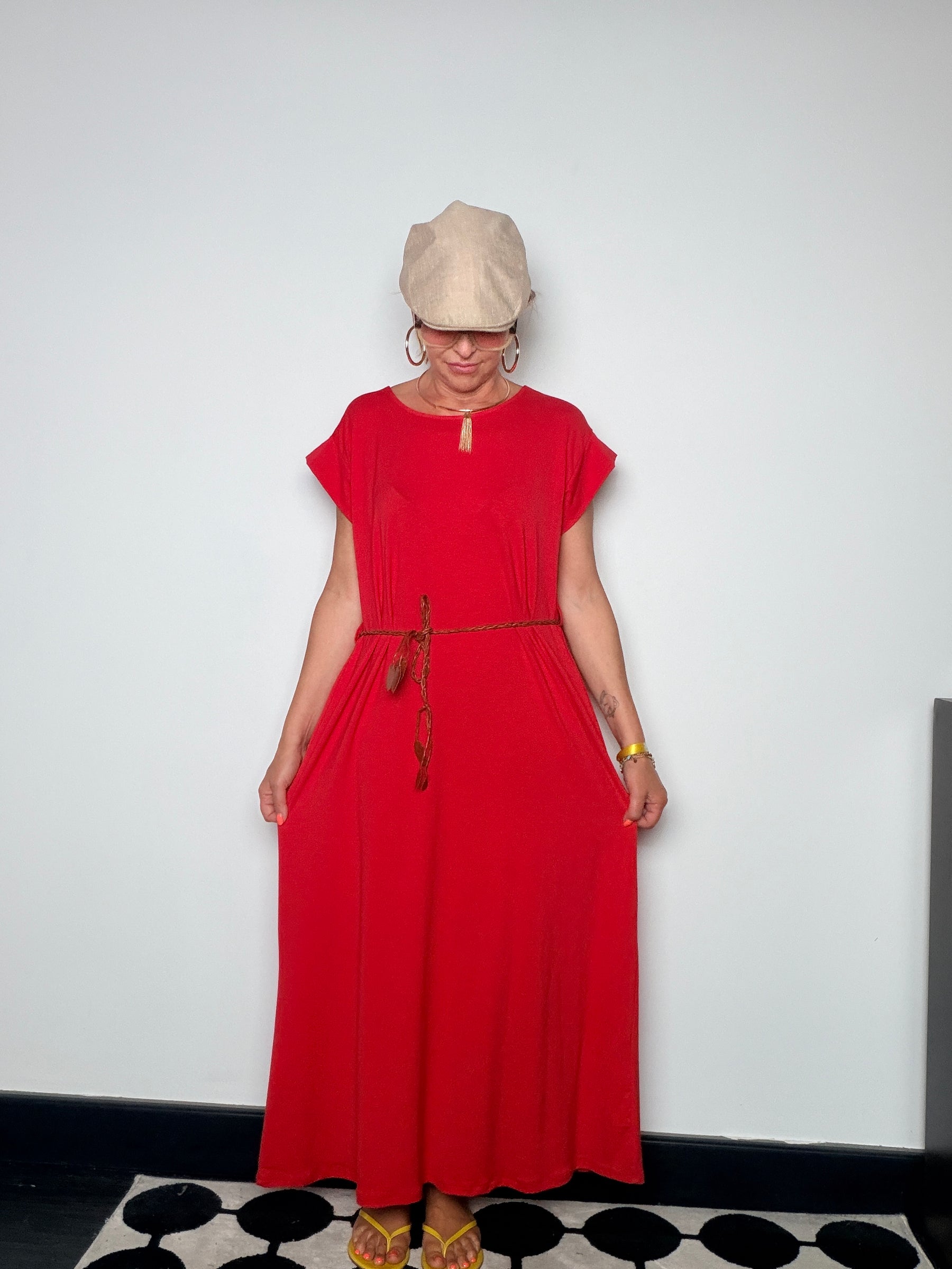 Abito Maxi in Felpa Leggera con Tasche e Cintura Cordino
