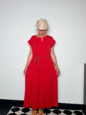 Abito Maxi in Felpa Leggera con Tasche e Cintura Cordino