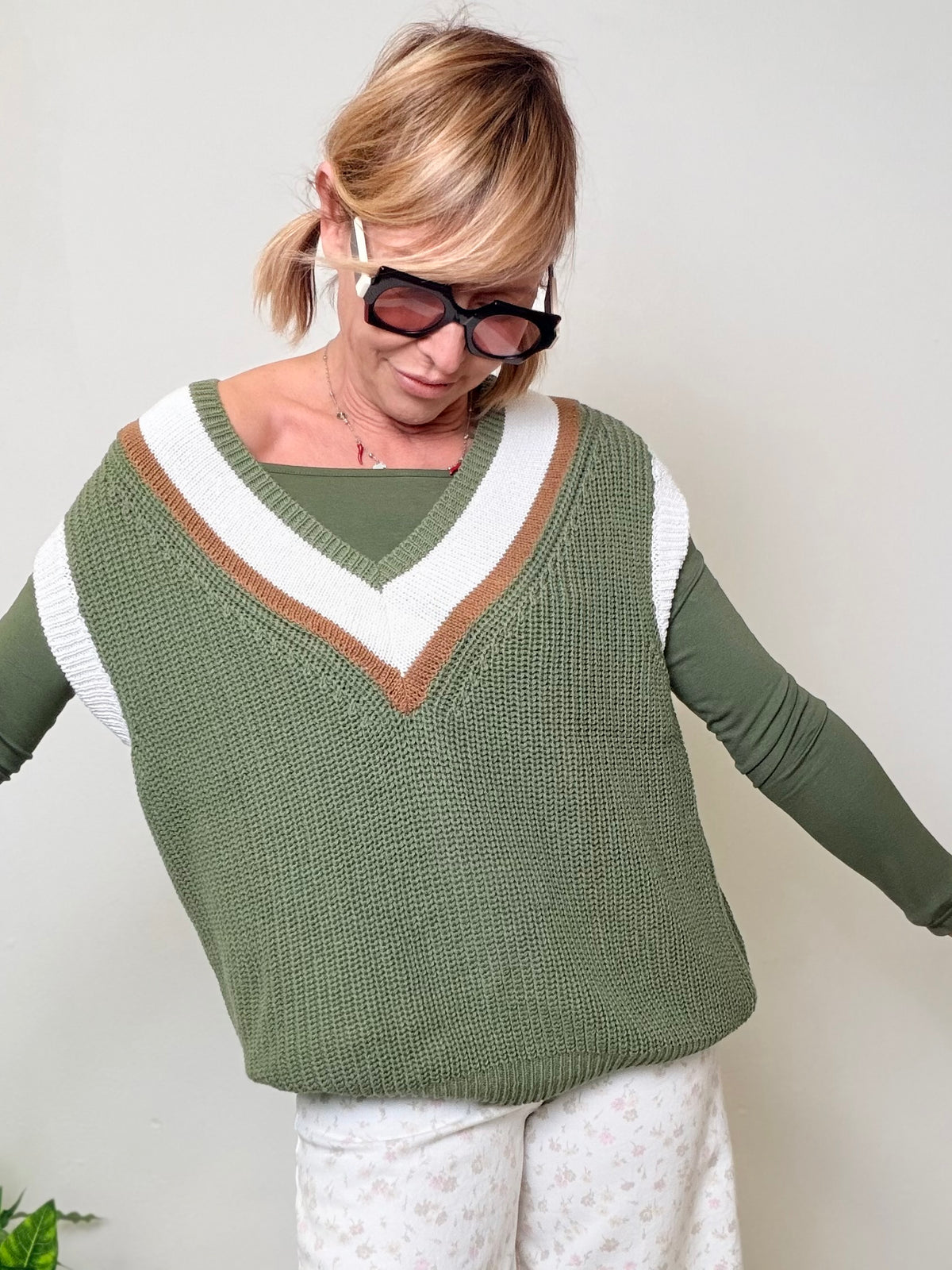 Gilet Senza Maniche Scollo a V Righe -