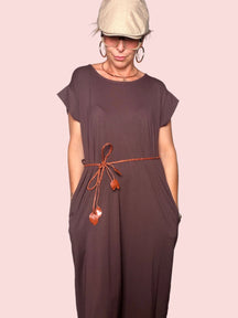 Abito Maxi in Felpa Leggera con Tasche e Cintura Cordino
