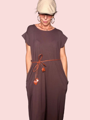 Abito Maxi in Felpa Leggera con Tasche e Cintura Cordino