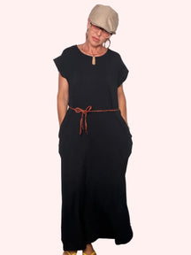 Abito Maxi in Felpa Leggera con Tasche e Cintura Cordino