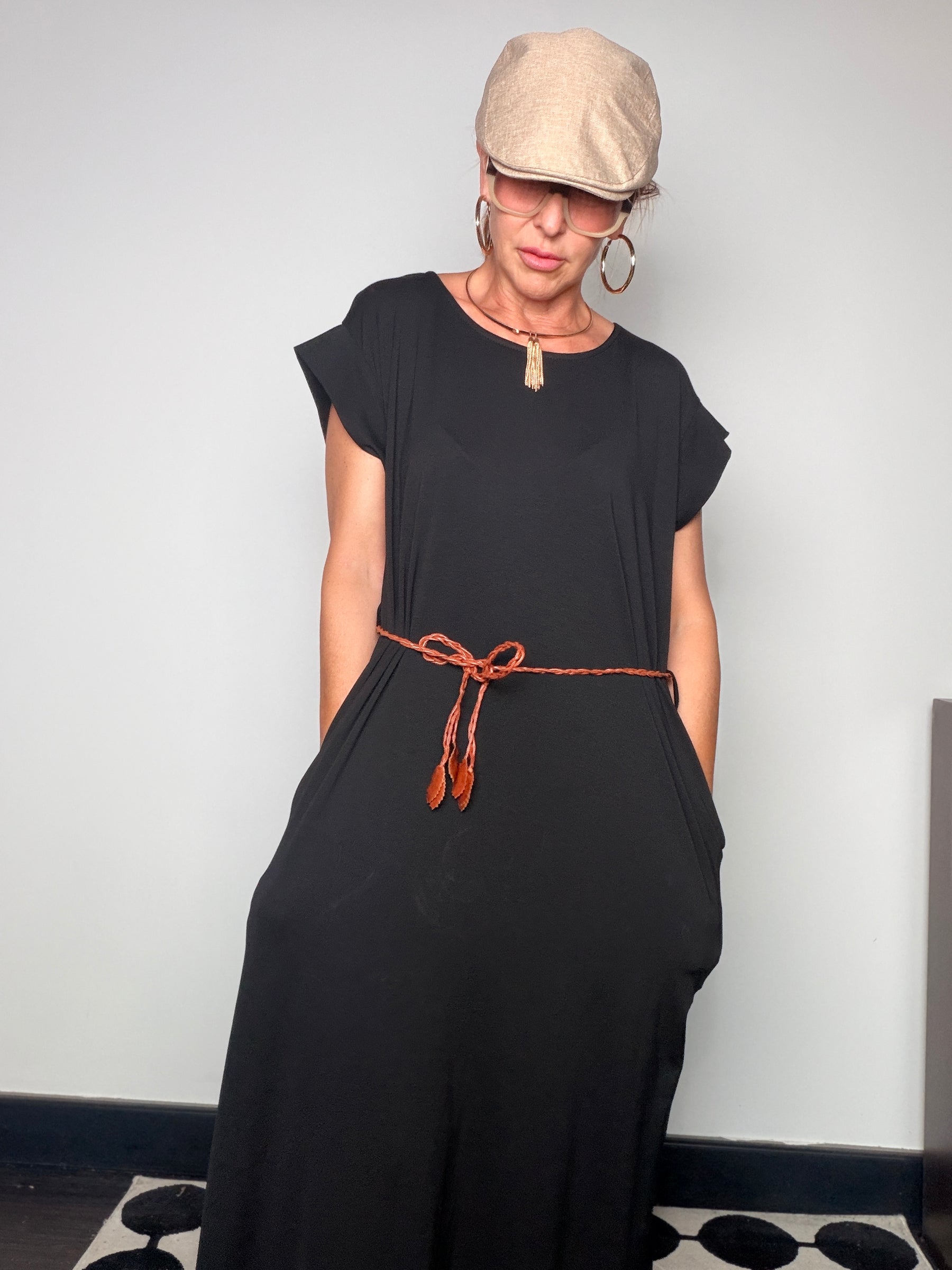 Abito Maxi in Felpa Leggera con Tasche e Cintura Cordino