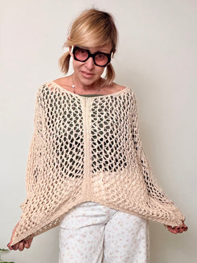 Maglia Beige Traforata a Rete Oversize Maniche Ampie