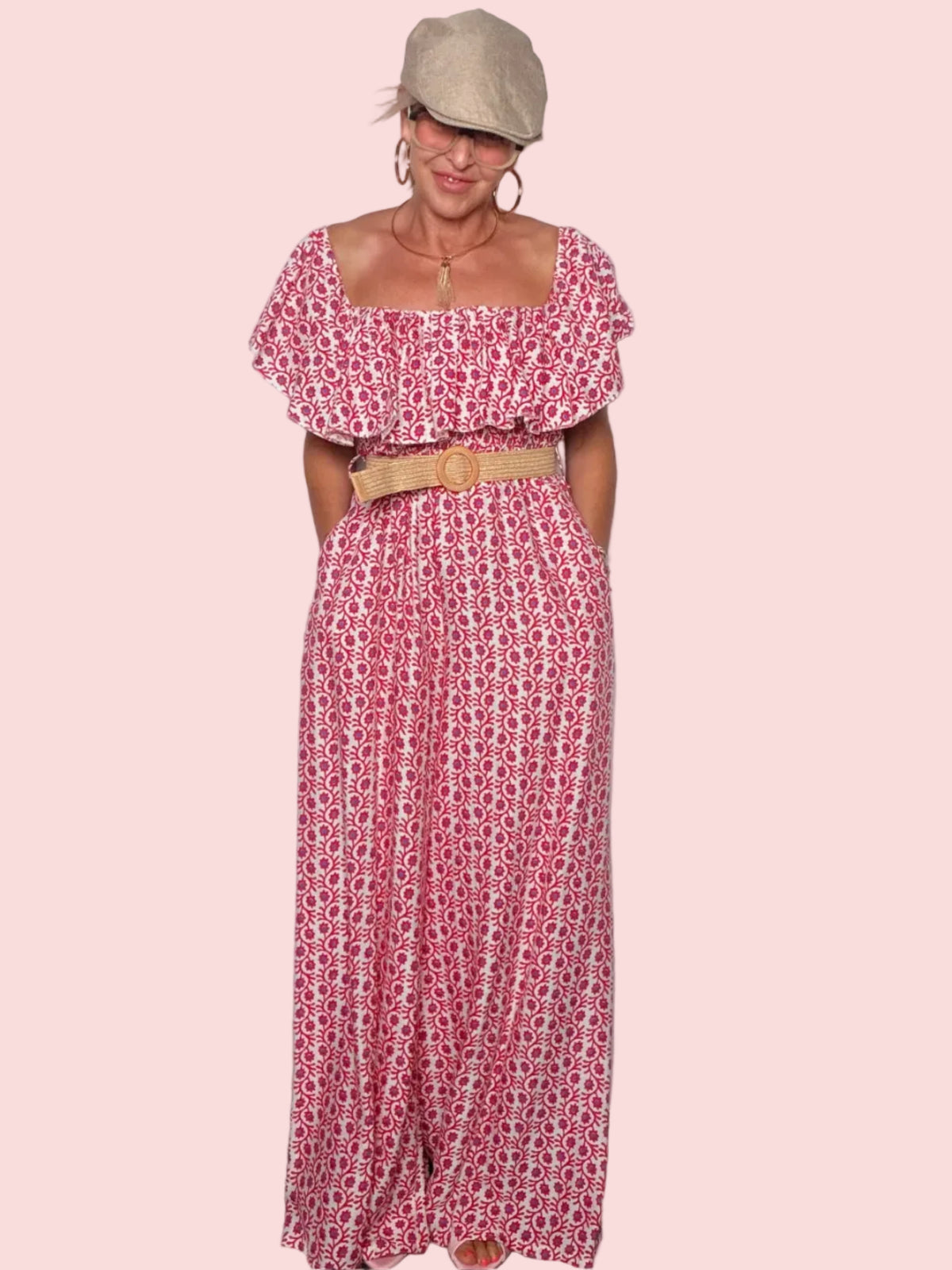 Tuta Jumpsuit Maxi Off-Shoulder con Volant Block Print