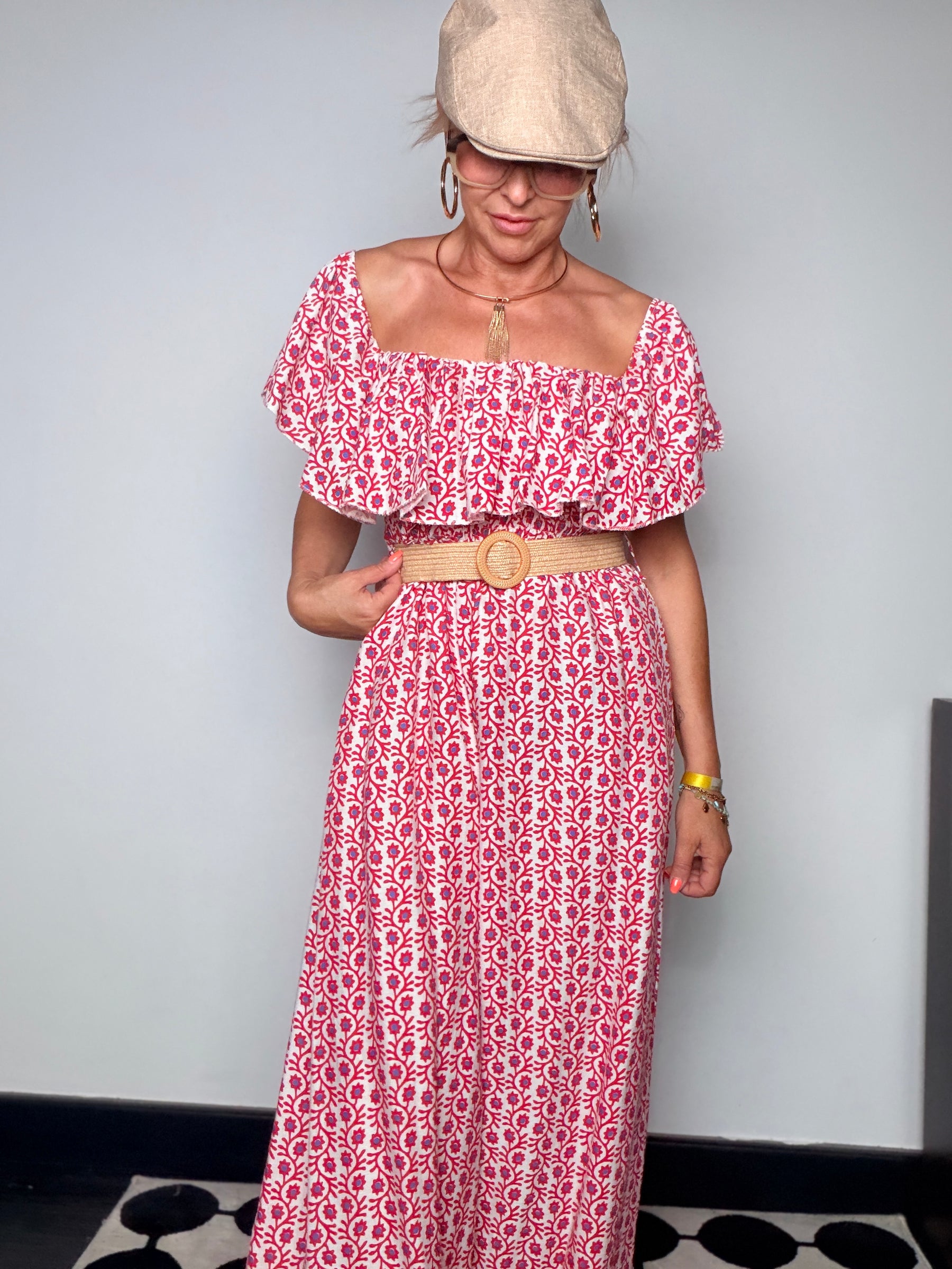 Tuta Jumpsuit Maxi Off-Shoulder con Volant Block Print