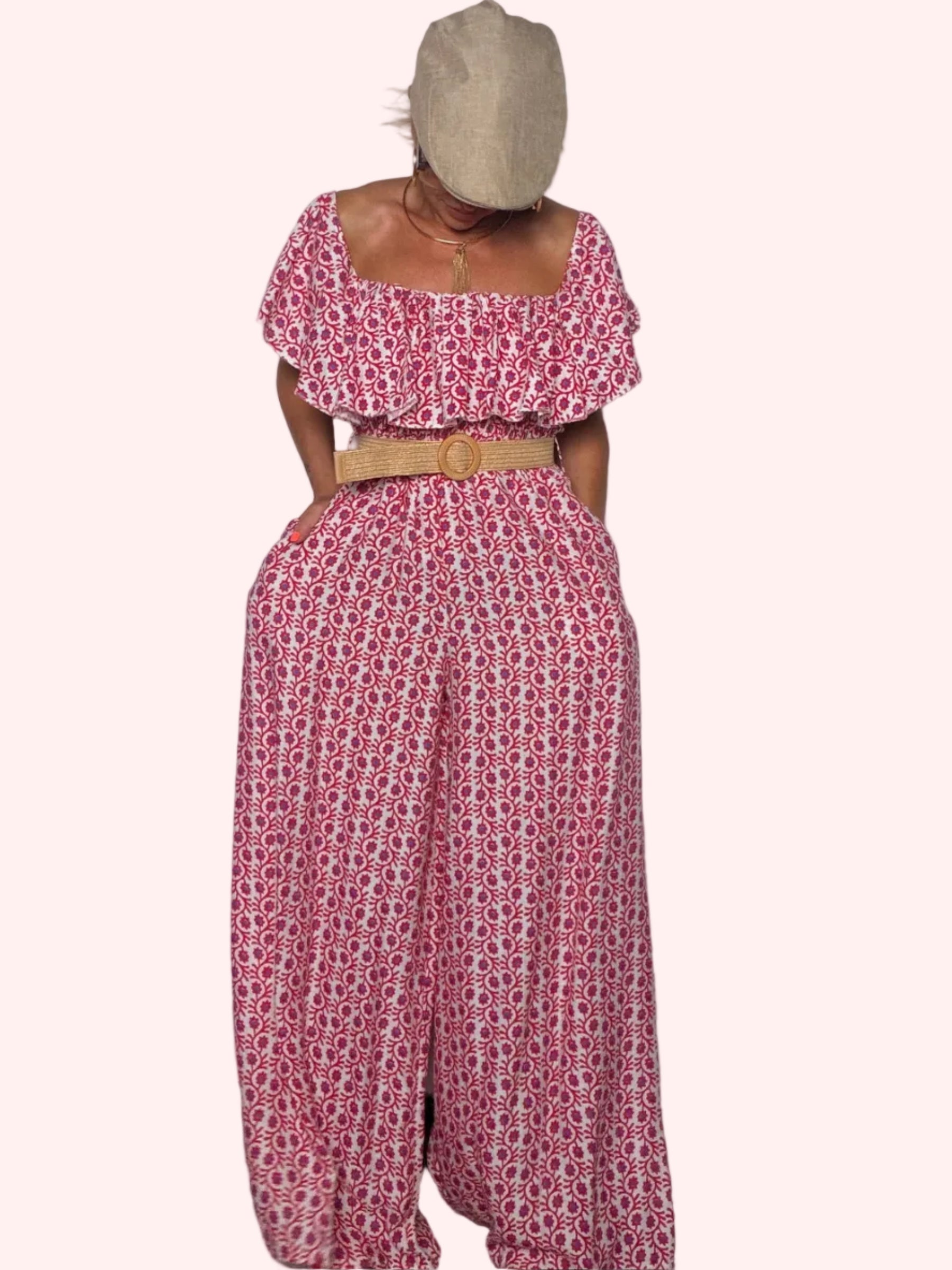 Tuta Jumpsuit Maxi Off-Shoulder con Volant Block Print