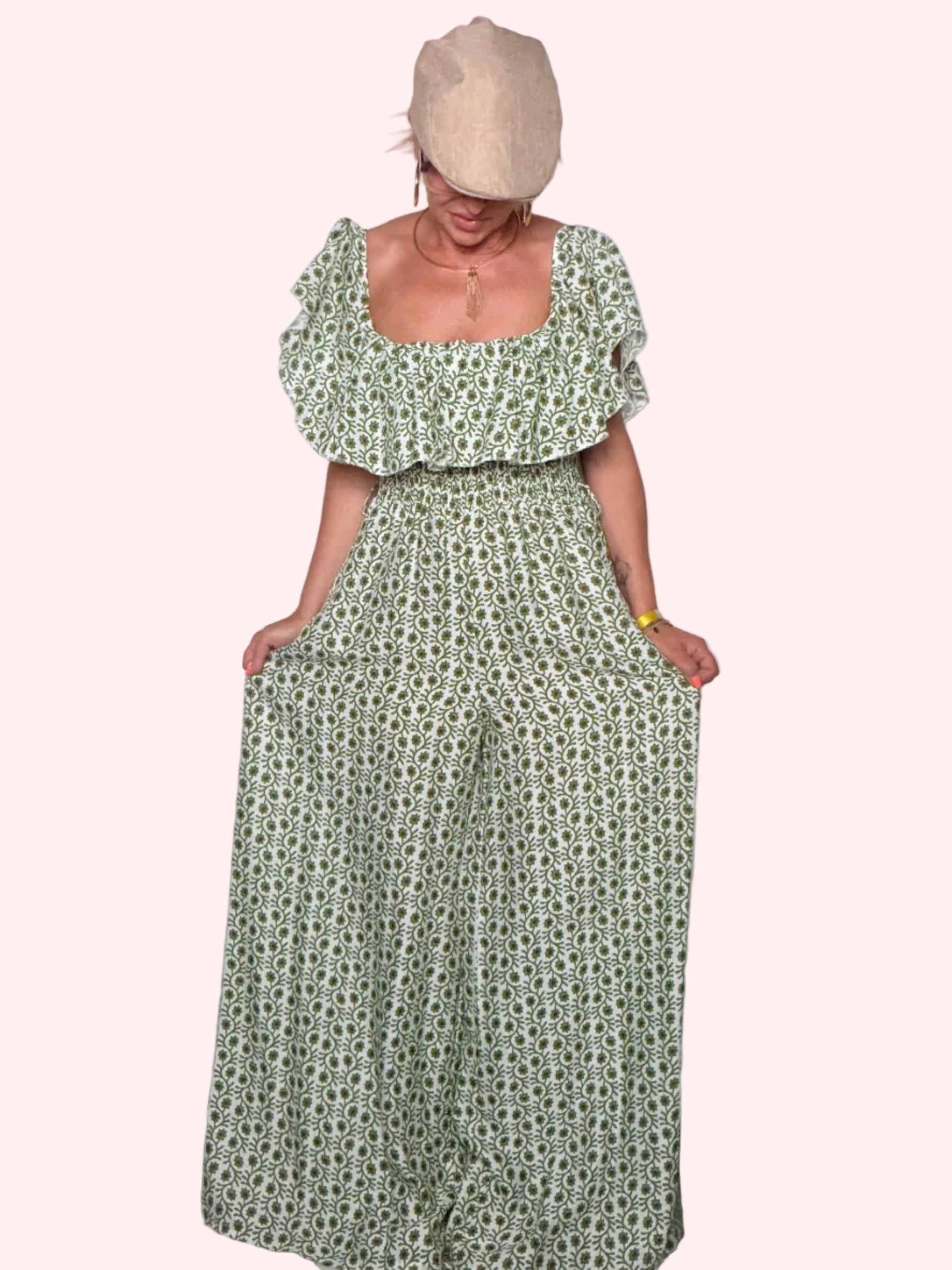 Tuta Jumpsuit Maxi Off-Shoulder con Volant Block Print